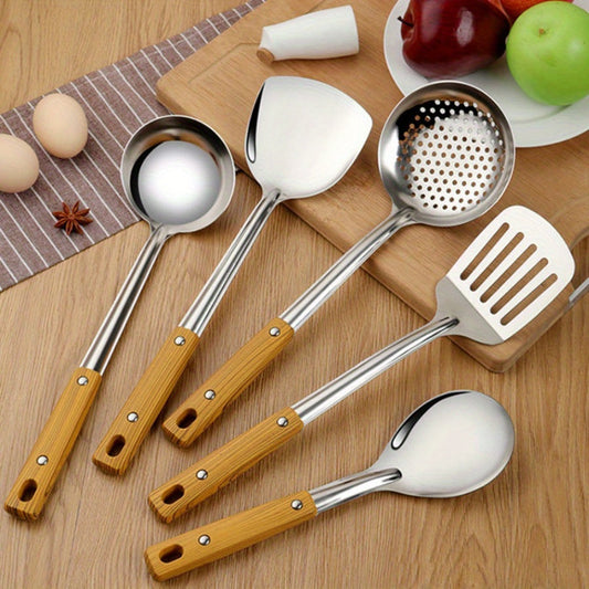 Set of 5 Kitchen Cooking Utensils with Wood Grain Handles, Made of Heat Resistant Thickened Stainless Steel. Includes Spatula, Ladle, Serving Spoon, Strainer. Non-Slip Grip, Safe for Contact with Food. Essential Supplies for the Home Kitchen.