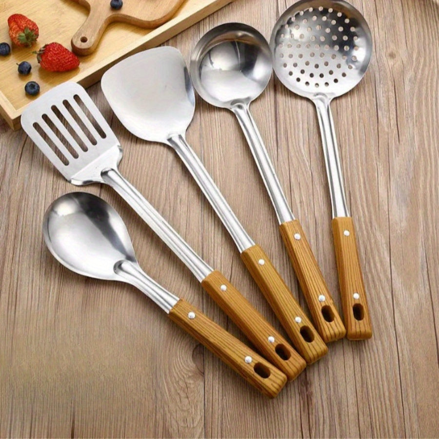 Set of 5 Kitchen Cooking Utensils with Wood Grain Handles, Made of Heat Resistant Thickened Stainless Steel. Includes Spatula, Ladle, Serving Spoon, Strainer. Non-Slip Grip, Safe for Contact with Food. Essential Supplies for the Home Kitchen.