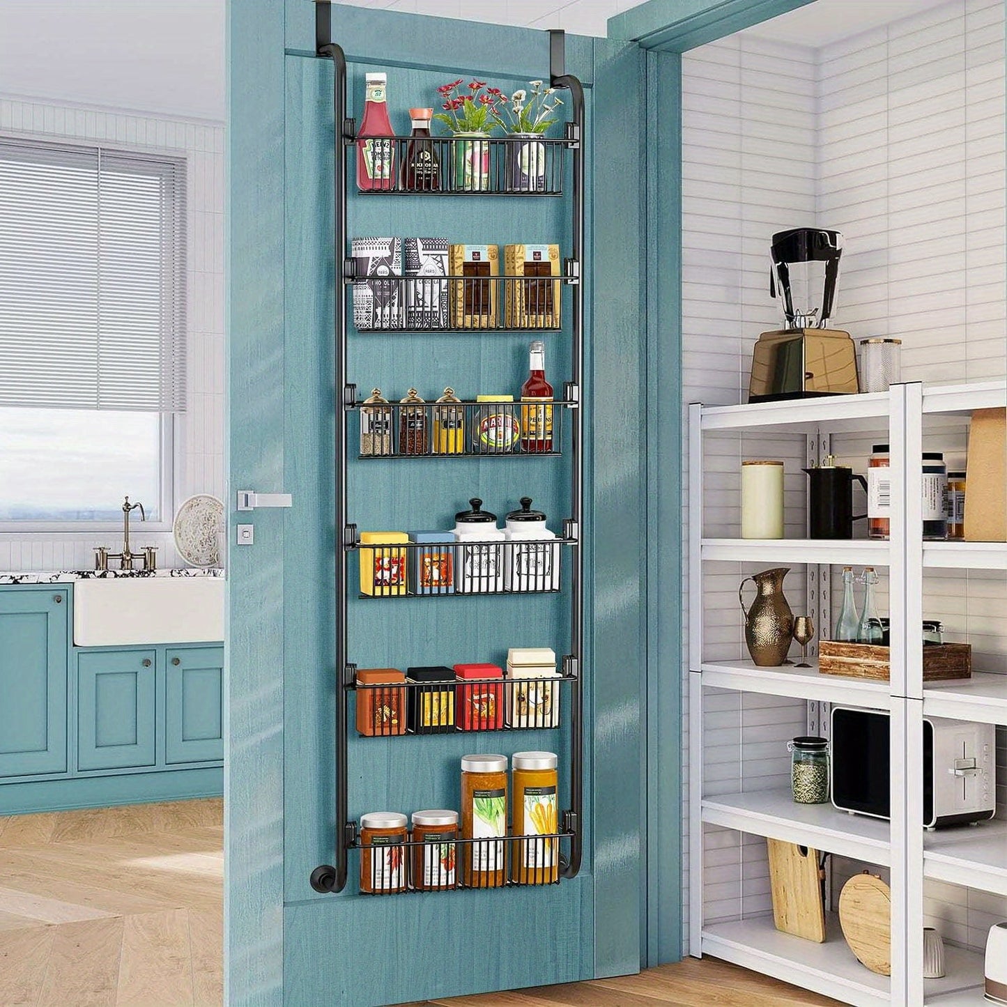 Sturdy 6-Tier Over-the-Door Pantry Organizer with Baskets - Durable Metal Storage for Kitchen, Spice Rack & Beyond