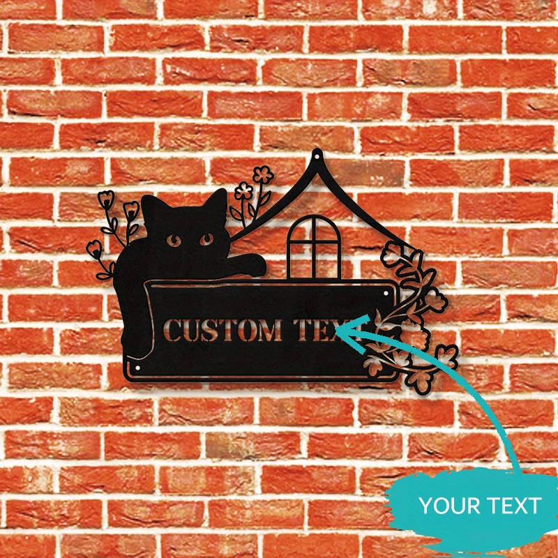 Personalized Metal Cat Address Sign - Art Deco Door Hanger with Custom Text, Stylish House Number Plaque for Adults, Unique Wall Decor for Home Entrance or Patio, Durable Family Name Hanging Sign (14+)