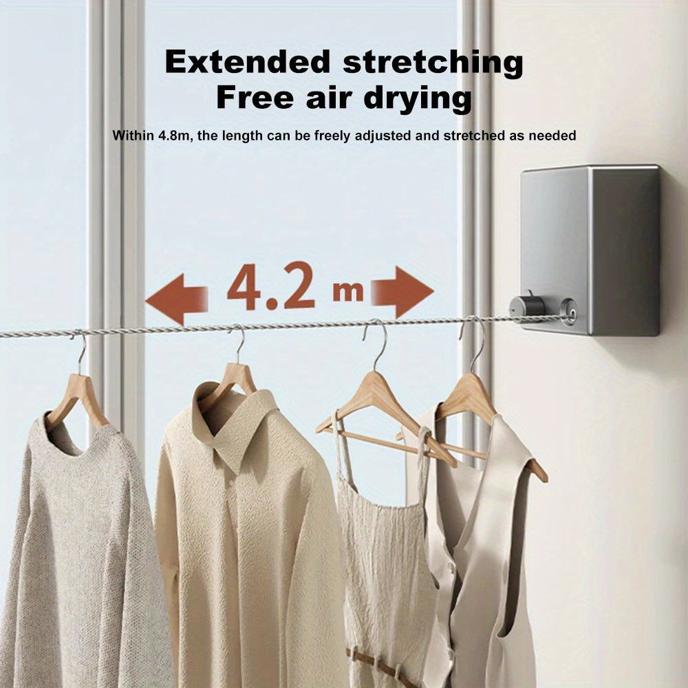 Retractable Clothesline: A Convenient Space-Saving Solution for Laundry Organization. Made with Stainless Steel String, Wall-Mounted and Invisible When Not in Use. Perfect for Small Spaces and Easy to Operate Manually. Ideal for Laundry Storage and