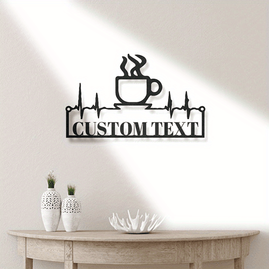 Customizable Personalized Metal Door Hanger in the Shape of a Coffee Cup with Heartbeat Design - Perfect for Home, Office, or Café Wall Decor, Recommended for Ages 14 and Up