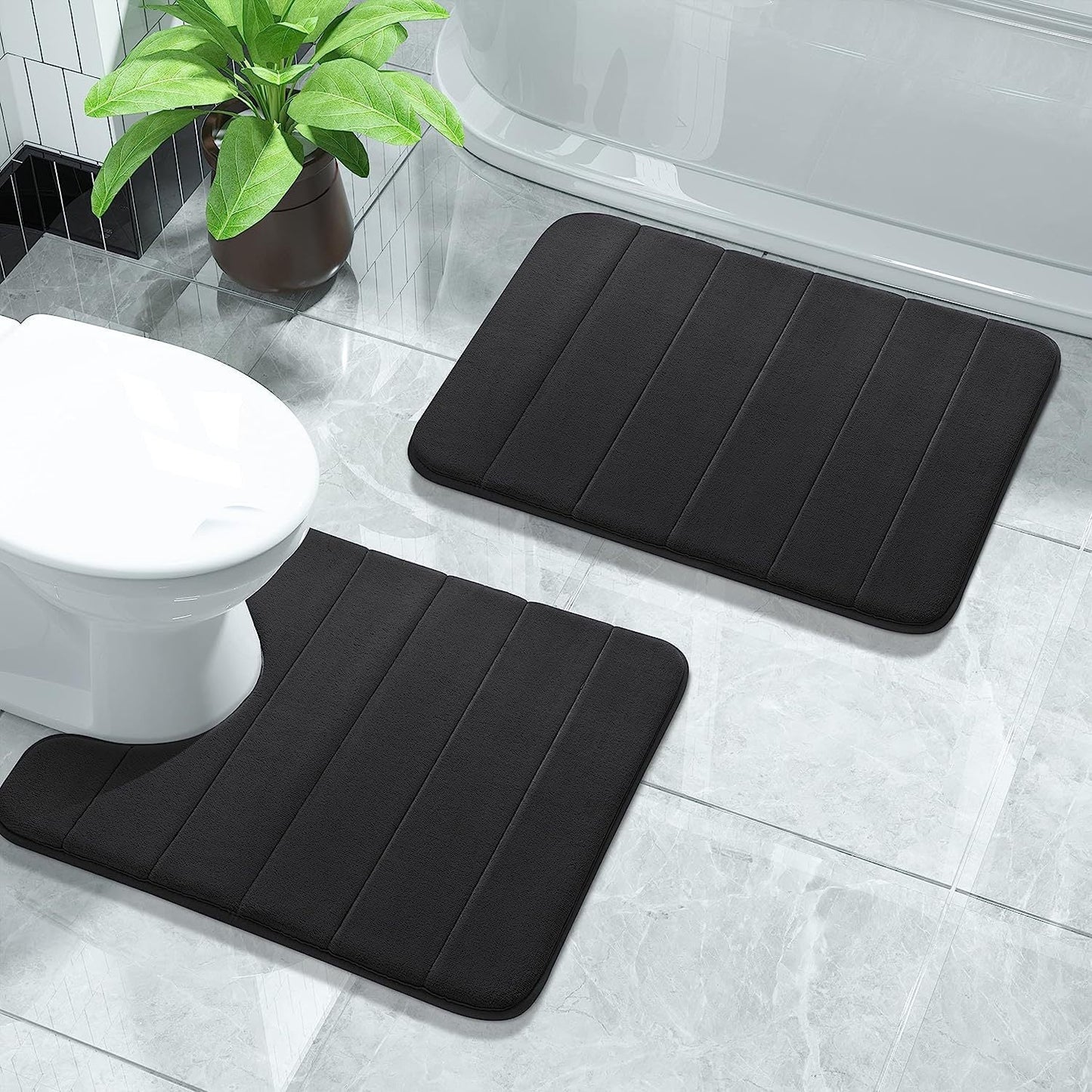 Square Striped Bath Mats Set - 2 Pieces, Non-Slip Sponge Rugs for Bathroom, Bedroom, Office, and Outdoor Use, Machine Washable, Polyester Material, Water Absorbent Floor Mats