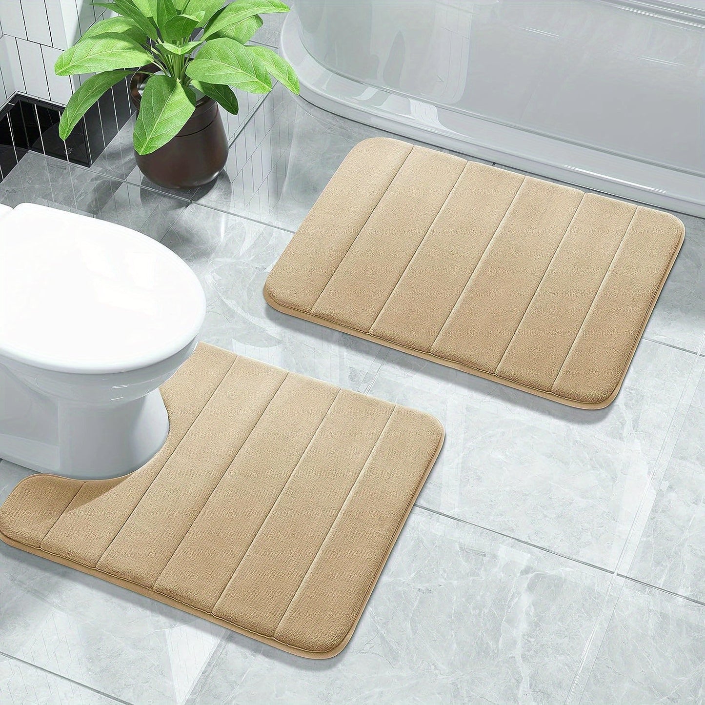 Square Striped Bath Mats Set - 2 Pieces, Non-Slip Sponge Rugs for Bathroom, Bedroom, Office, and Outdoor Use, Machine Washable, Polyester Material, Water Absorbent Floor Mats