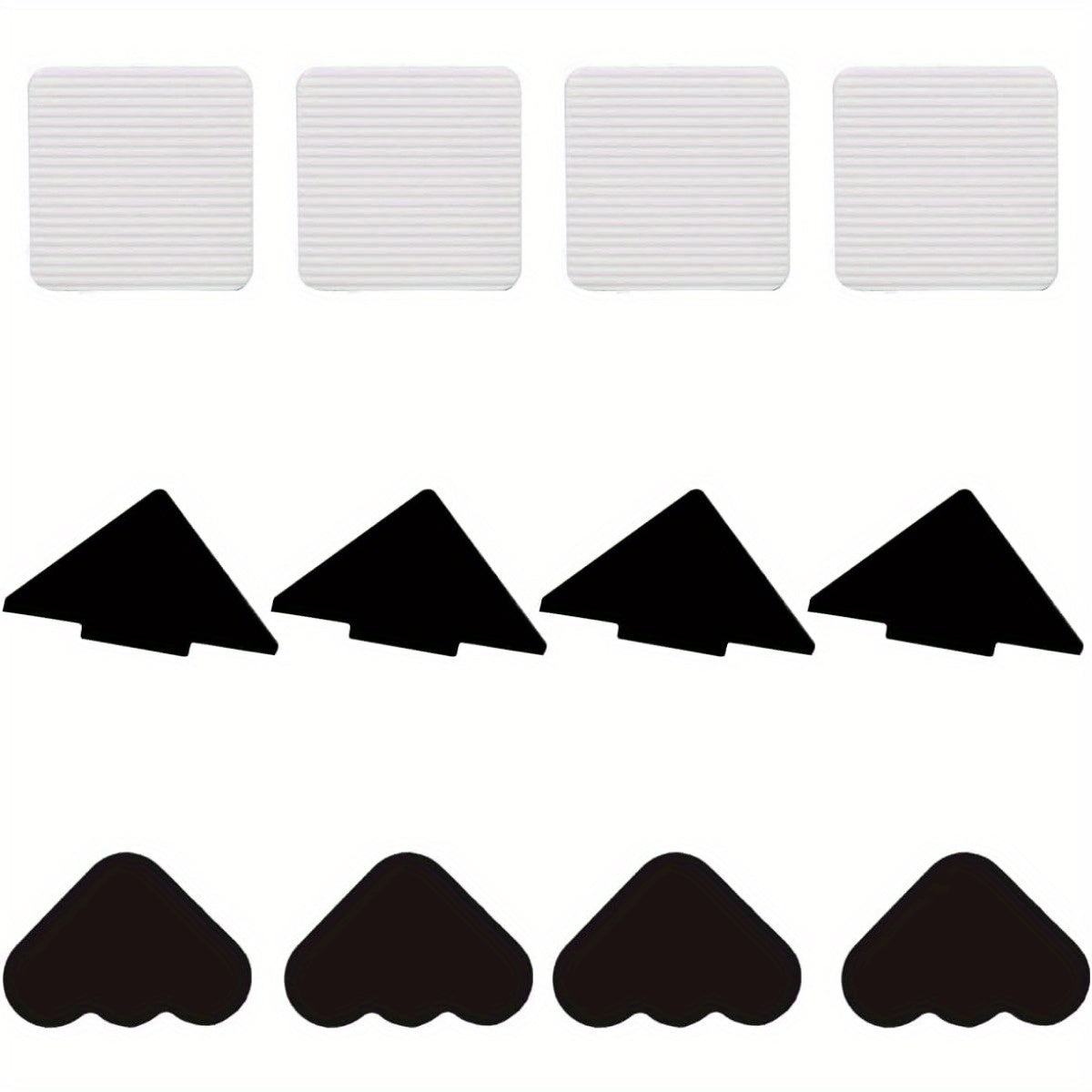 Four non-slip pads in a pack, featuring white and black triangle and cloud shapes. Made of PC material with magic tape fixing for secure placement. Ideal for protecting carpets and rugs while adding a decorative touch to any home or bedroom.