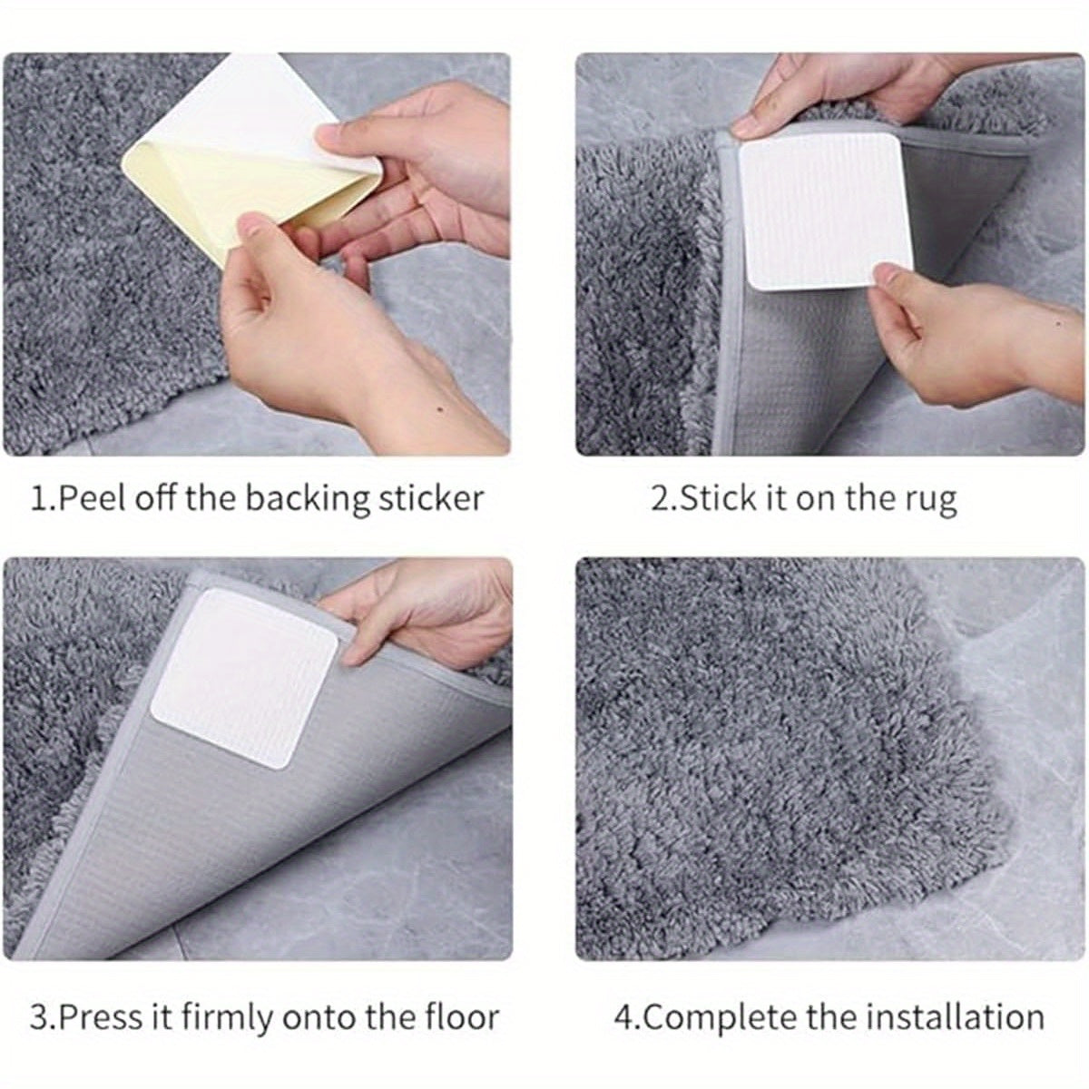 Four non-slip pads in a pack, featuring white and black triangle and cloud shapes. Made of PC material with magic tape fixing for secure placement. Ideal for protecting carpets and rugs while adding a decorative touch to any home or bedroom.