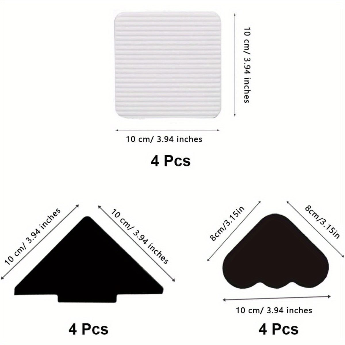 Four non-slip pads in a pack, featuring white and black triangle and cloud shapes. Made of PC material with magic tape fixing for secure placement. Ideal for protecting carpets and rugs while adding a decorative touch to any home or bedroom.