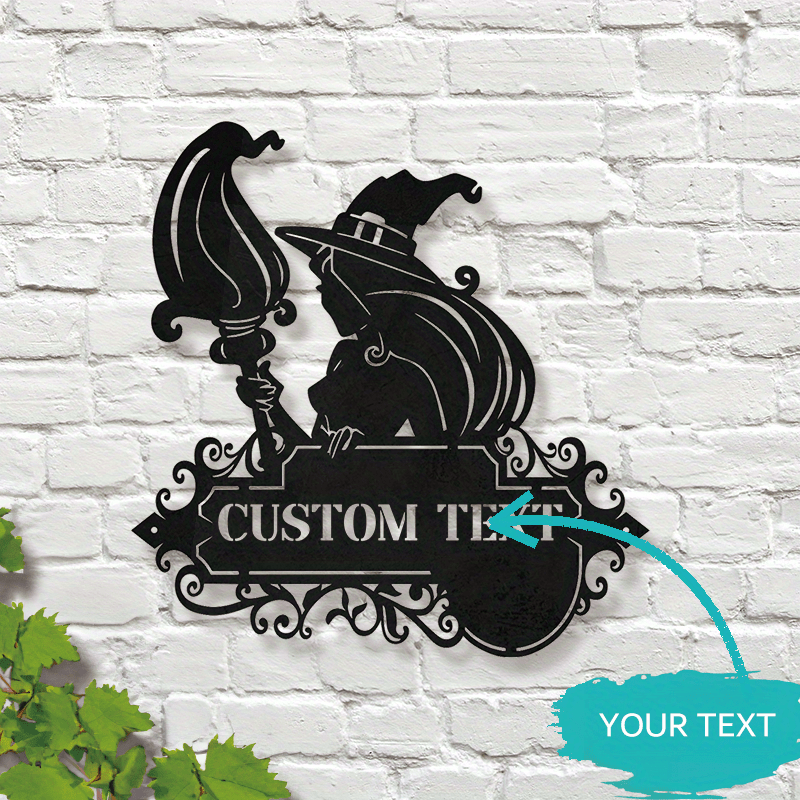 Decorate your home with a custom metal door hanger featuring a black witch and cat silhouette. Personalize it with your family name for a unique touch. This durable iron hanging art is perfect for Halloween and outdoor patio decor. Suitable for the