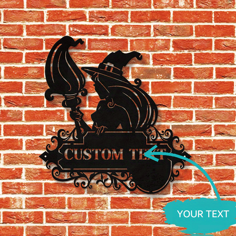 Decorate your home with a custom metal door hanger featuring a black witch and cat silhouette. Personalize it with your family name for a unique touch. This durable iron hanging art is perfect for Halloween and outdoor patio decor. Suitable for the