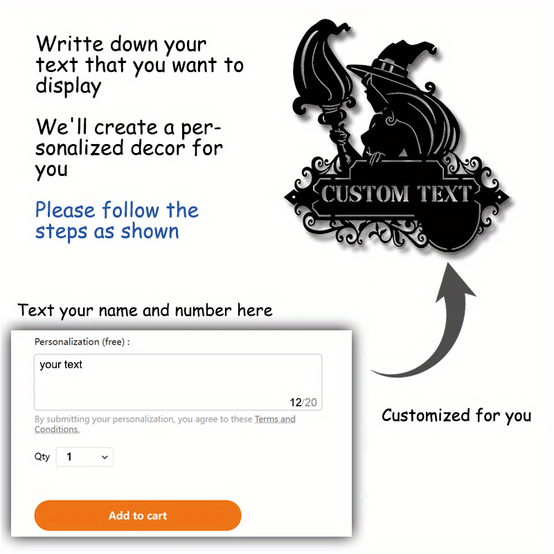 Decorate your home with a custom metal door hanger featuring a black witch and cat silhouette. Personalize it with your family name for a unique touch. This durable iron hanging art is perfect for Halloween and outdoor patio decor. Suitable for the