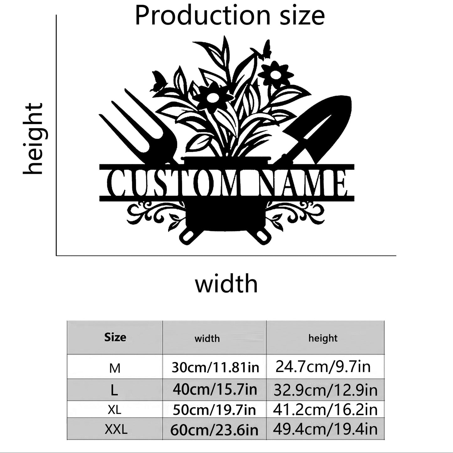 Customize your outdoor decor with a personalized metal door hanger featuring a potted plant and garden tools design. This customizable surname wall art is perfect for home and garden decoration. Made from black iron cut-out craft, this sign is suitable