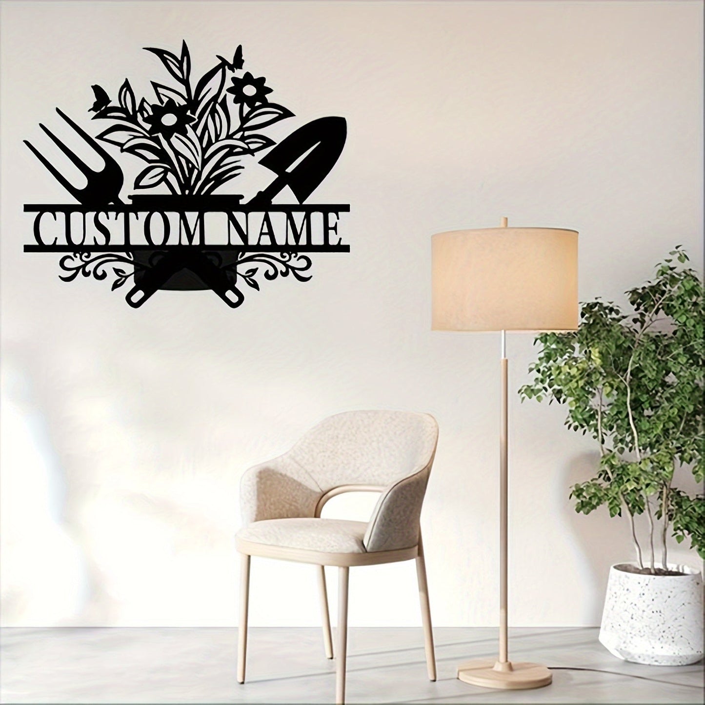 Customize your outdoor decor with a personalized metal door hanger featuring a potted plant and garden tools design. This customizable surname wall art is perfect for home and garden decoration. Made from black iron cut-out craft, this sign is suitable