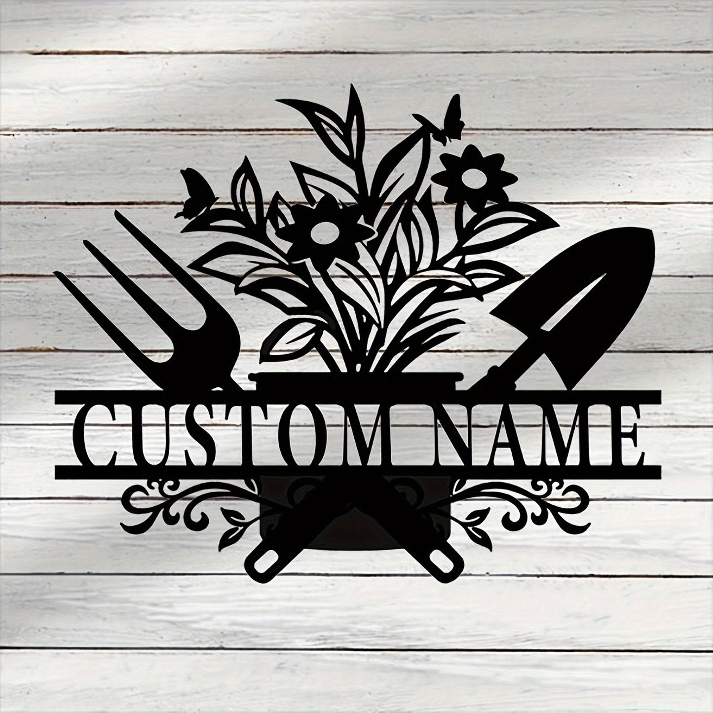 Customize your outdoor decor with a personalized metal door hanger featuring a potted plant and garden tools design. This customizable surname wall art is perfect for home and garden decoration. Made from black iron cut-out craft, this sign is suitable