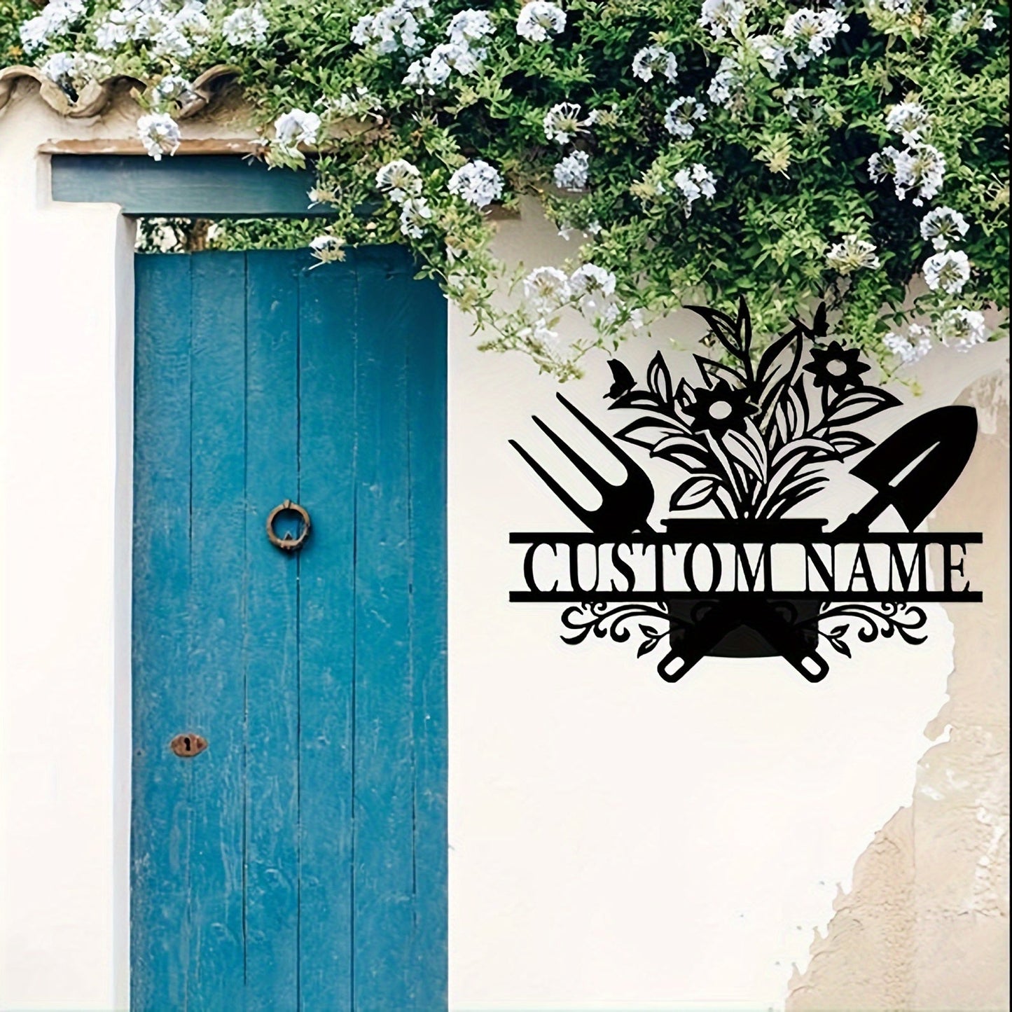 Customize your outdoor decor with a personalized metal door hanger featuring a potted plant and garden tools design. This customizable surname wall art is perfect for home and garden decoration. Made from black iron cut-out craft, this sign is suitable