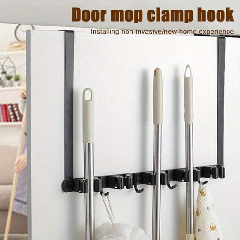 Wall-mounted Black Mop Broom Holder with Wooden Hook - Perfect for Christmas and Easter - Ideal for Wardrobe, Garage, Laundry Room - Includes 4 Slots and 5 Hooks - Rural Design