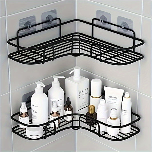 Compact black metal corner shower caddy for organizing bathroom essentials with mixed color design. Ideal for maximizing bathroom storage.