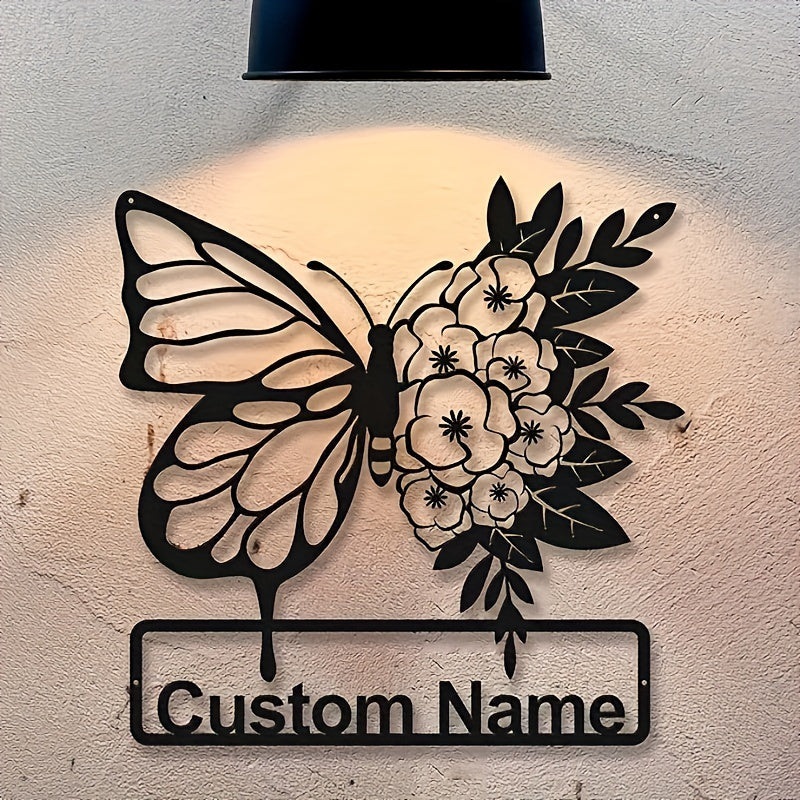 Personalized Name Sign for Home Decor featuring Custom Black Butterfly & Floral Metal Wall Art - Animal Theme