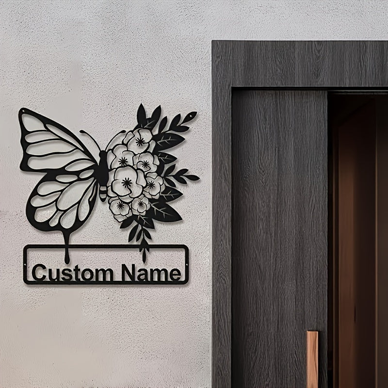 Personalized Name Sign for Home Decor featuring Custom Black Butterfly & Floral Metal Wall Art - Animal Theme