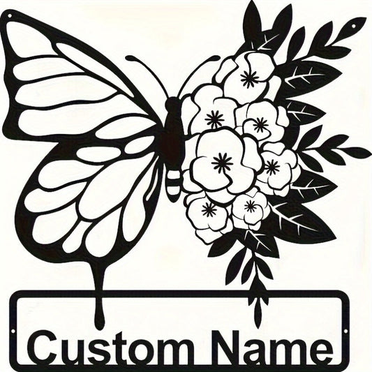 Personalized Name Sign for Home Decor featuring Custom Black Butterfly & Floral Metal Wall Art - Animal Theme