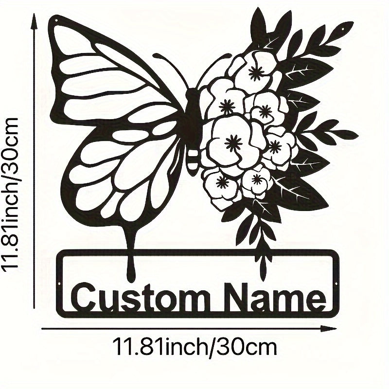 Personalized Name Sign for Home Decor featuring Custom Black Butterfly & Floral Metal Wall Art - Animal Theme