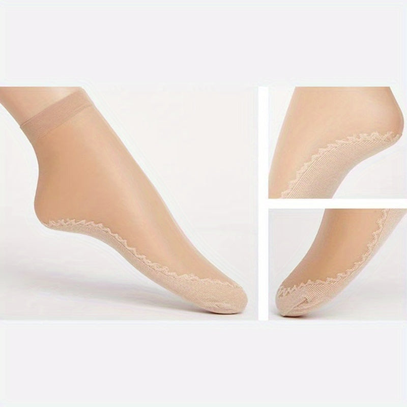 4 pairs of women's sheer ankle socks with non-slip transparent toe protector, breathable nylon knit fabric. Made of 85% Polyamide and 15% Elastane. Solid color, hand wash recommended. 100