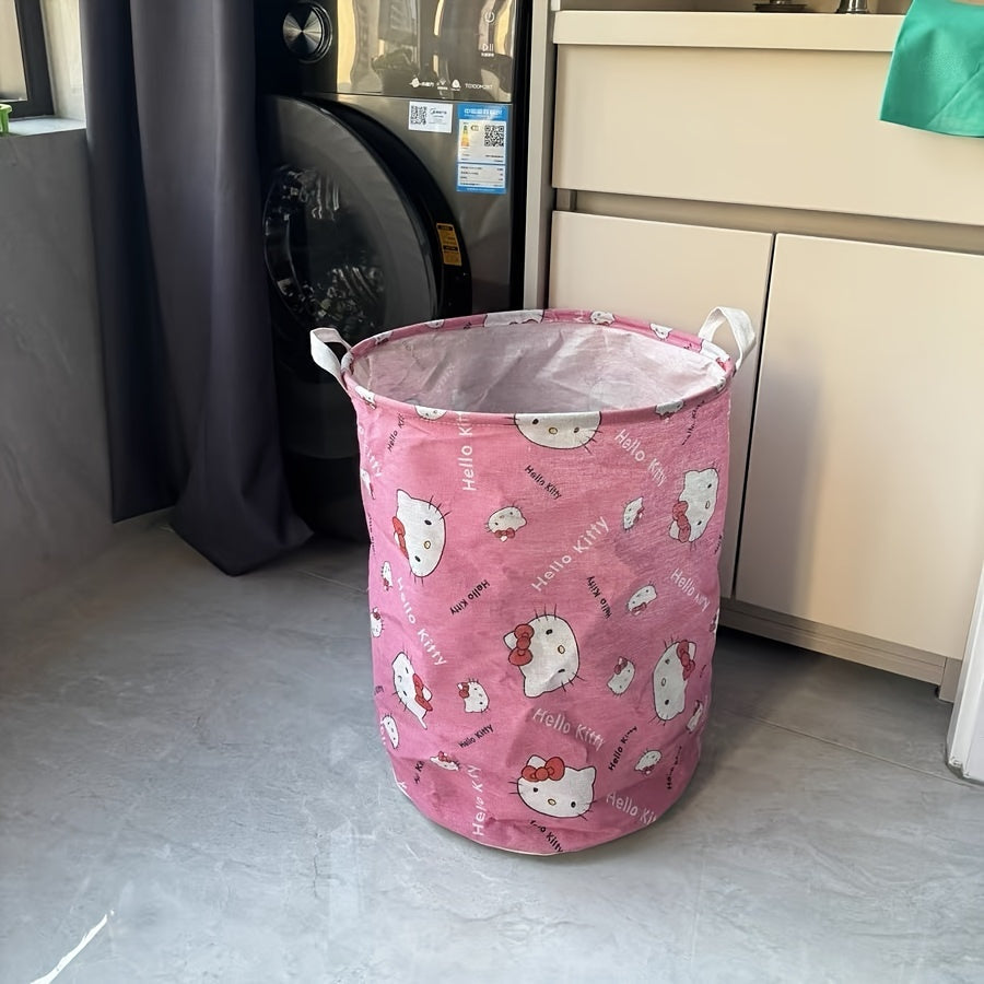 Round Linen Laundry Hamper with Handles from Sanrio - Foldable Storage Basket for Dirty Clothes in Bedroom and Laundry Room