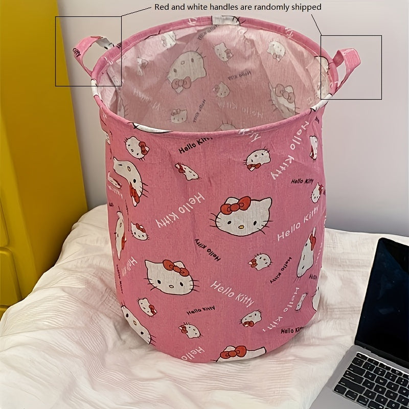 Round Linen Laundry Hamper with Handles from Sanrio - Foldable Storage Basket for Dirty Clothes in Bedroom and Laundry Room