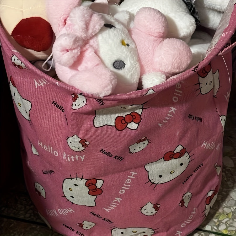 Round Linen Laundry Hamper with Handles from Sanrio - Foldable Storage Basket for Dirty Clothes in Bedroom and Laundry Room