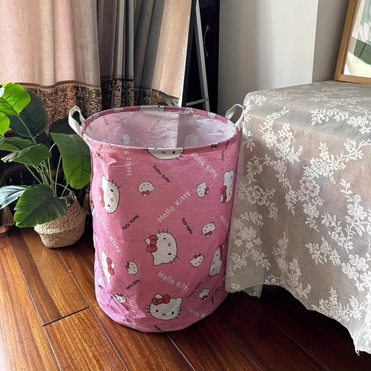 Round Linen Laundry Hamper with Handles from Sanrio - Foldable Storage Basket for Dirty Clothes in Bedroom and Laundry Room