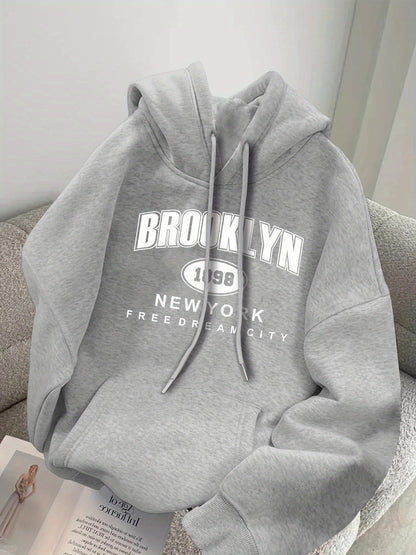 BROOKLYN 1989 FREEDOM CITY Print Men's Drawstring Long Sleeve Hoodie Sweatshirt with Kangaroo Pocket for Daily Wear.