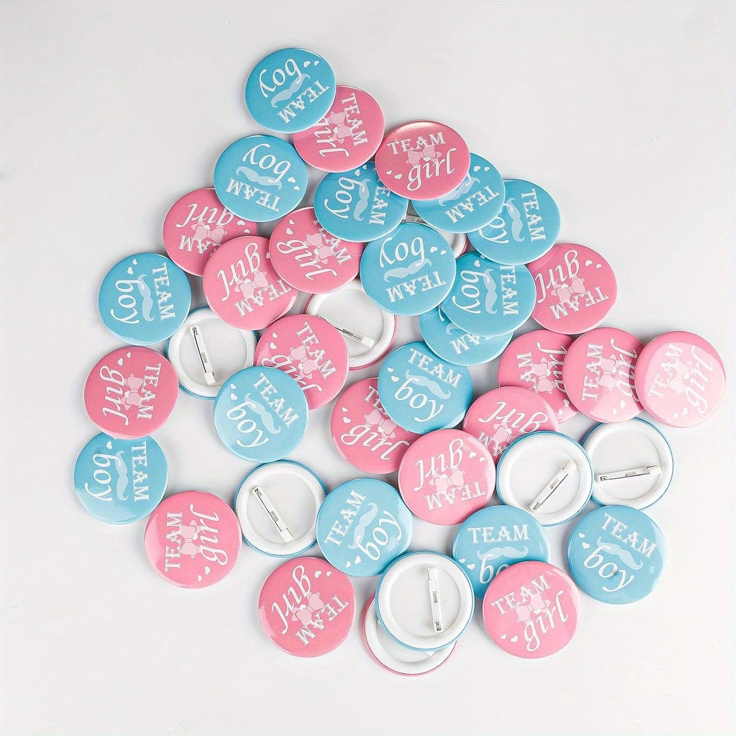 Set of 40 Gender Reveal Button Pins: 2 Inch Pinback Button Pins featuring Team Boy and Team Girl - Metallic Finish