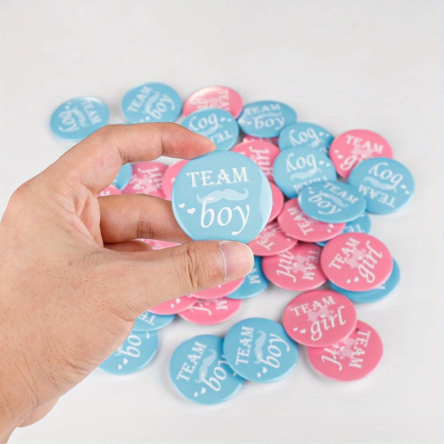 Set of 40 Gender Reveal Button Pins: 2 Inch Pinback Button Pins featuring Team Boy and Team Girl - Metallic Finish