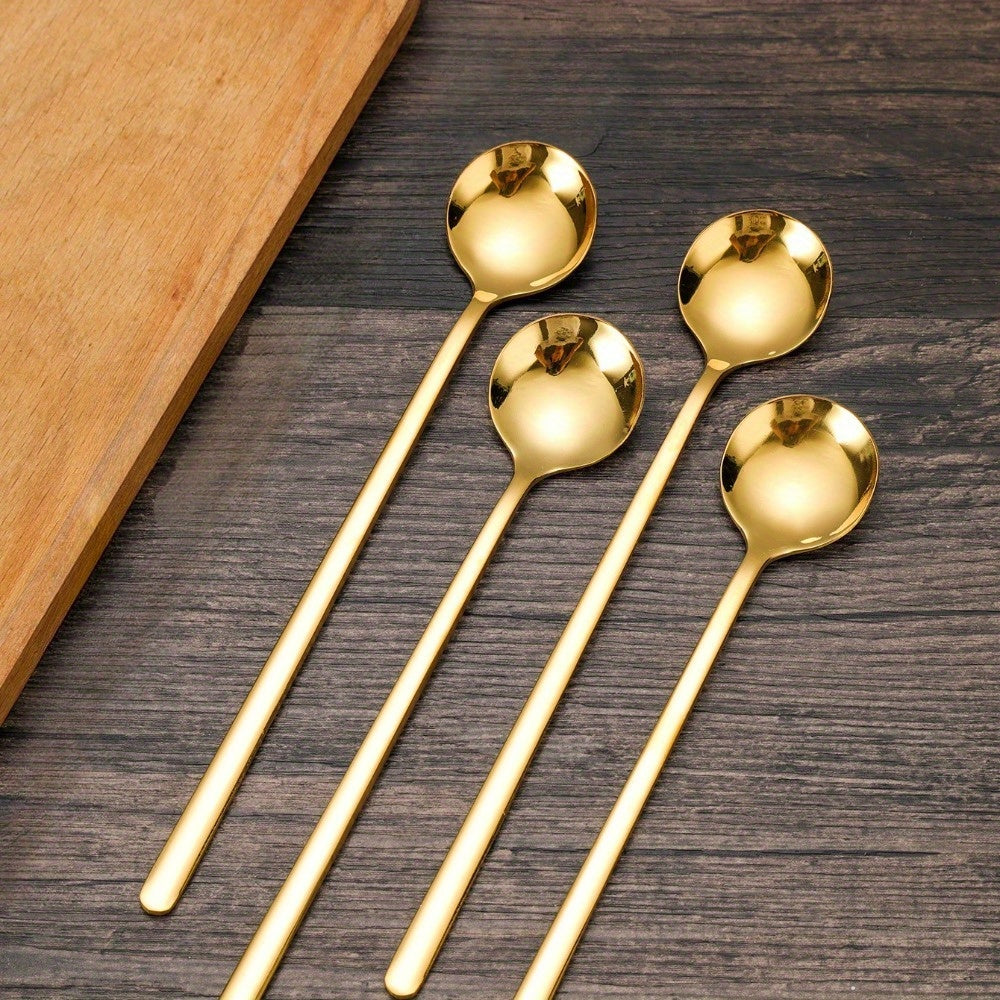 Set of 4 Golden Stainless Steel Coffee Spoons - Ideal for Use in Home, Restaurant, or Cafe, Small Round Coffee Spoons Set with a Polished Finish