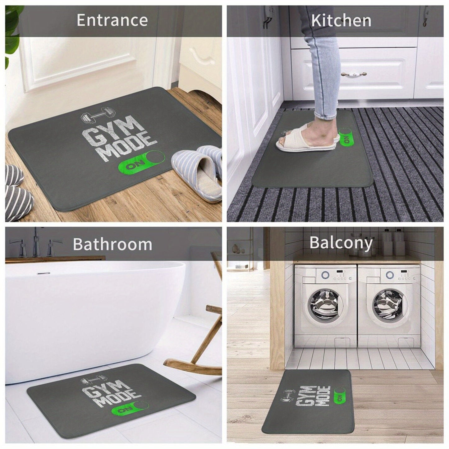 Polyester doormat with non-slip backing that is machine washable. Features a "Gym Mode Activated" design, suitable for bathroom, kitchen, and entrance. This lightweight rectangular floor mat is perfect for home decor.