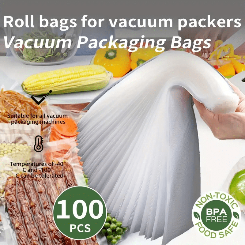 Pack of 100 Vacuum Sealing Bags for Food Preservation - BPA Free, Made of Plastic, Resuable, Suitable for All Types of Vacuum Packaging Machines, Safe for Use Between 40°C to 100°C, No Electricity Required