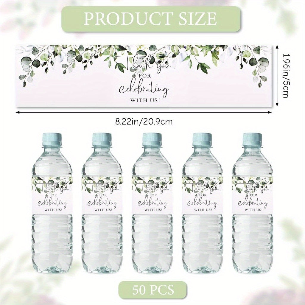 Set of 50 Elegant Greenery Water Bottle Labels - Ideal for Weddings, Birthdays & Showers | Long-lasting Thank You Stickers for Any Beverage Container