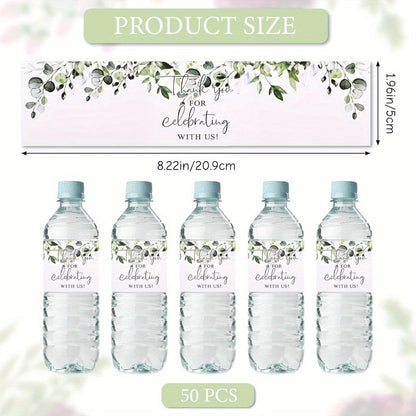 Set of 50 Elegant Greenery Water Bottle Labels - Ideal for Weddings, Birthdays & Showers | Long-lasting Thank You Stickers for Any Beverage Container