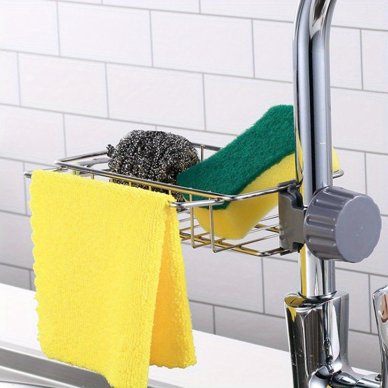 An functional storage solution for your kitchen sink, perfect for keeping sponges, cloths, and various items organized.