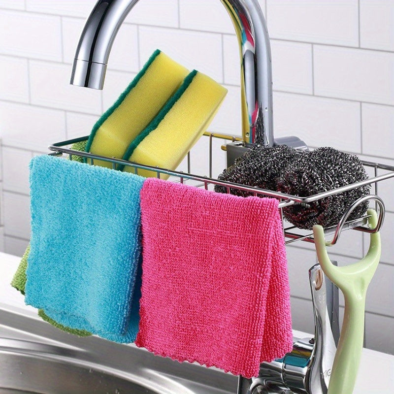 An functional storage solution for your kitchen sink, perfect for keeping sponges, cloths, and various items organized.