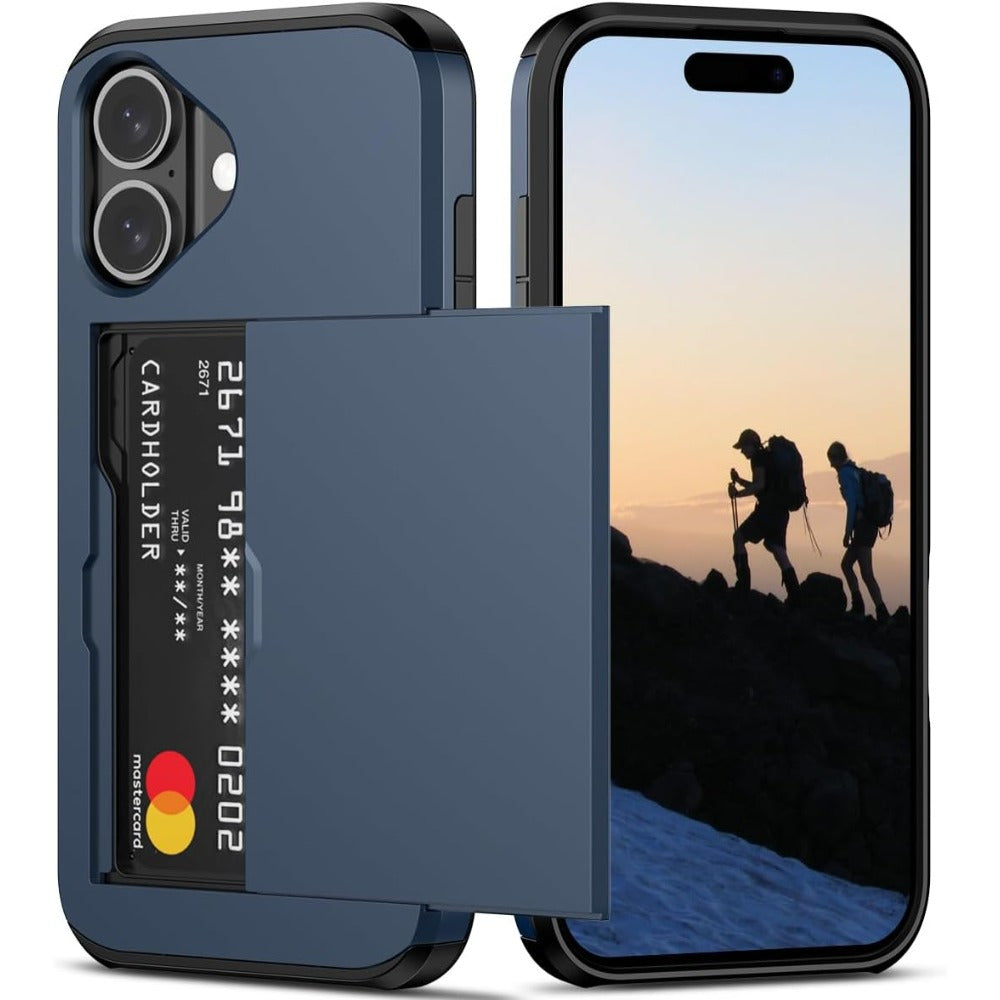 iPhone wallet case with slide card slots for various iPhone models.