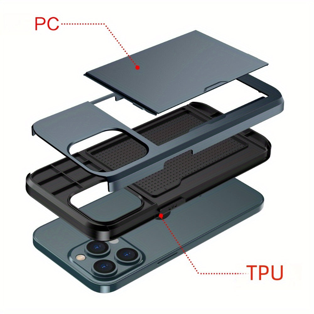 iPhone wallet case with slide card slots for various iPhone models.