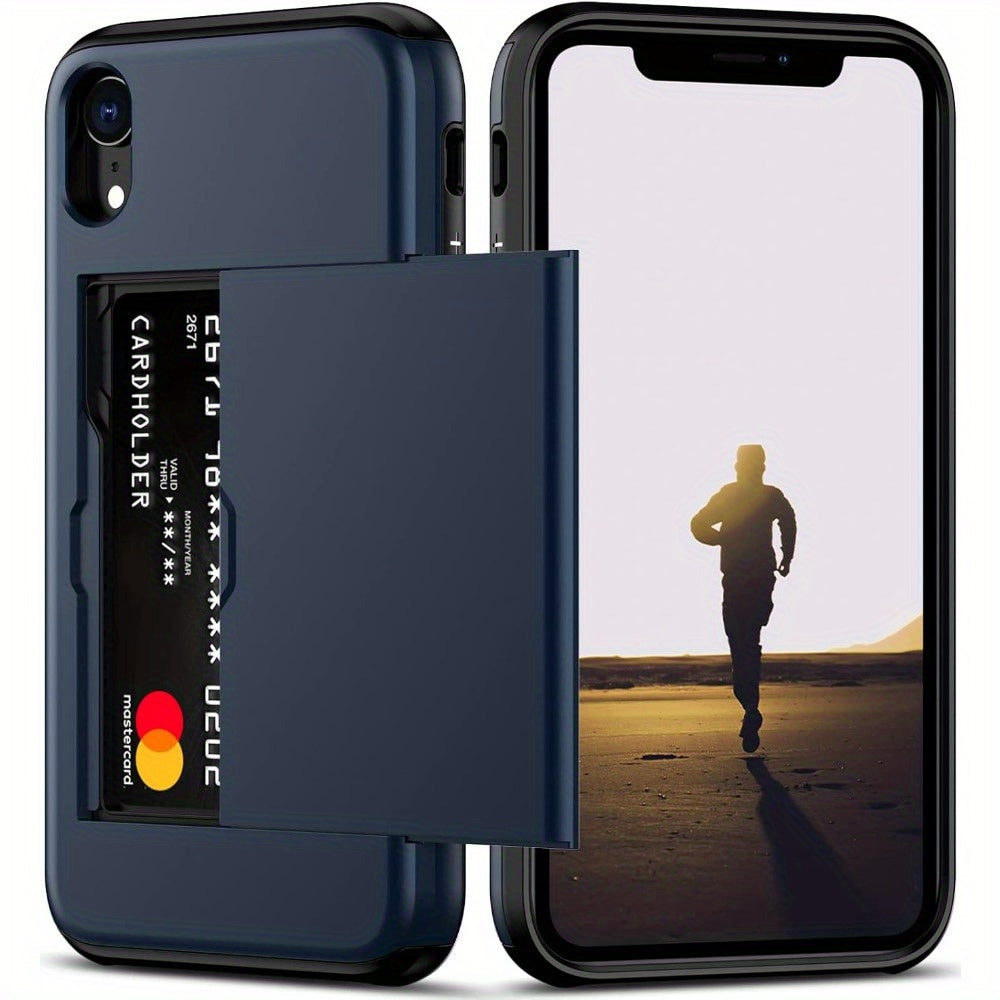 iPhone wallet case with slide card slots for various iPhone models.