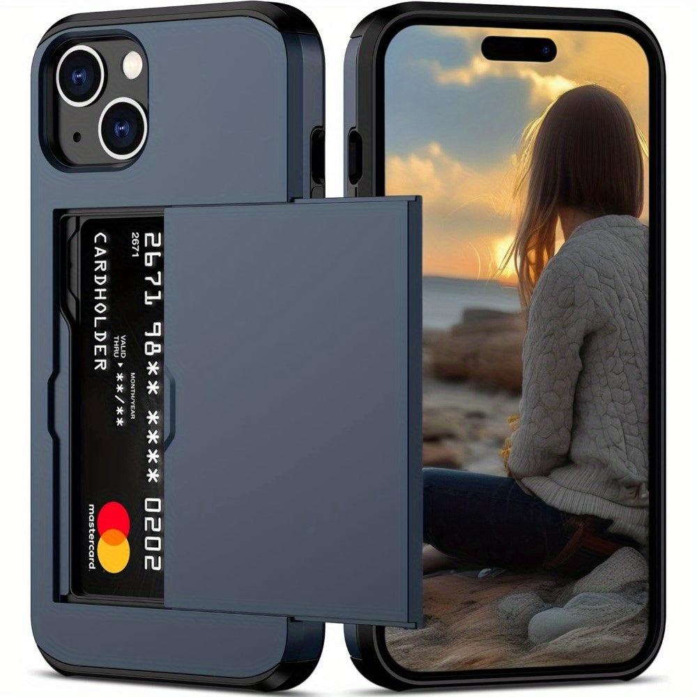 iPhone wallet case with slide card slots for various iPhone models.