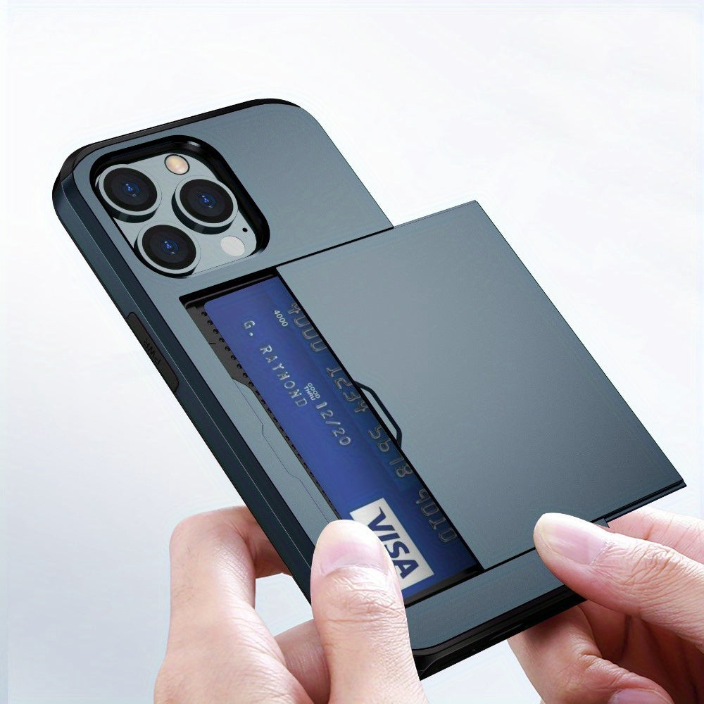 iPhone wallet case with slide card slots for various iPhone models.