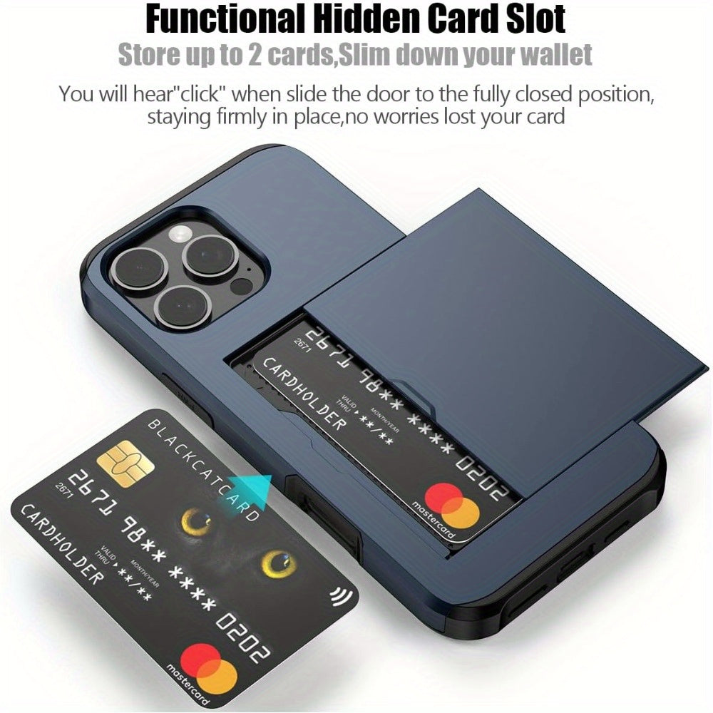 iPhone wallet case with slide card slots for various iPhone models.