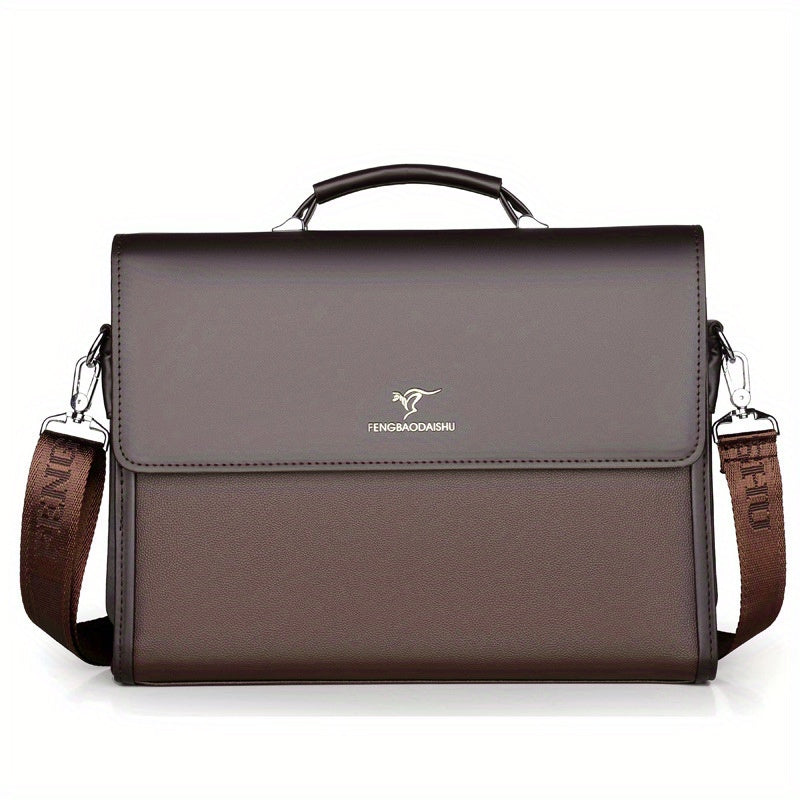 Men's PU leather briefcase with large capacity and multiple compartments. Ideal for work, meetings, and commuting. Features elegant stitching, embossed logo, and is available in deep brown