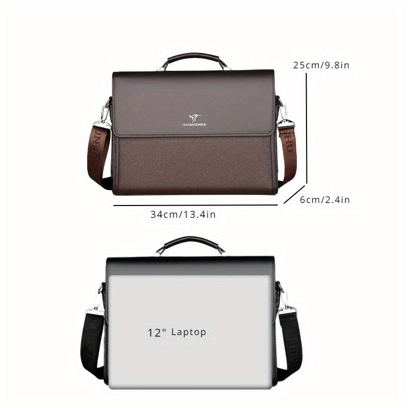 Men's PU leather briefcase with large capacity and multiple compartments. Ideal for work, meetings, and commuting. Features elegant stitching, embossed logo, and is available in deep brown