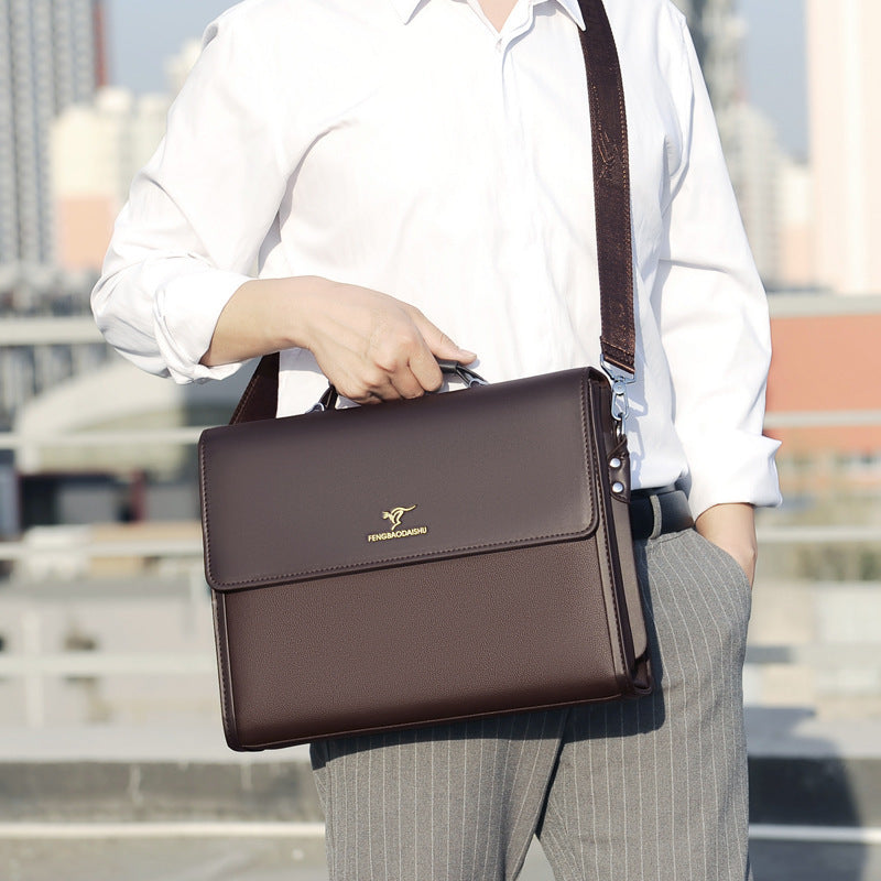 Men's PU leather briefcase with large capacity and multiple compartments. Ideal for work, meetings, and commuting. Features elegant stitching, embossed logo, and is available in deep brown