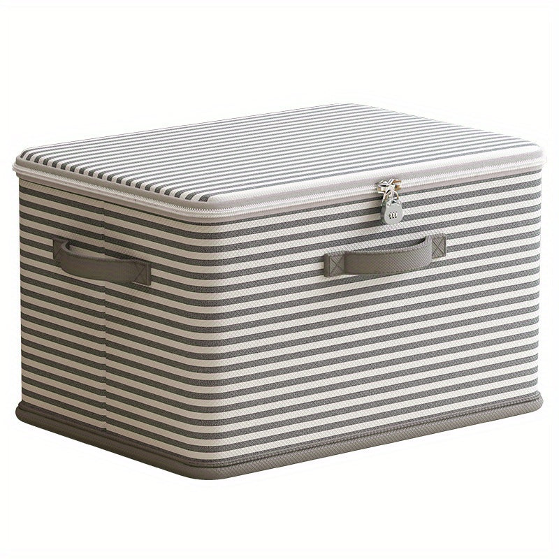 Large fabric storage box with lock, ideal for organizing clothes and toys. Durable and featherless, perfect for Christmas and everyday use with a stylish striped design.