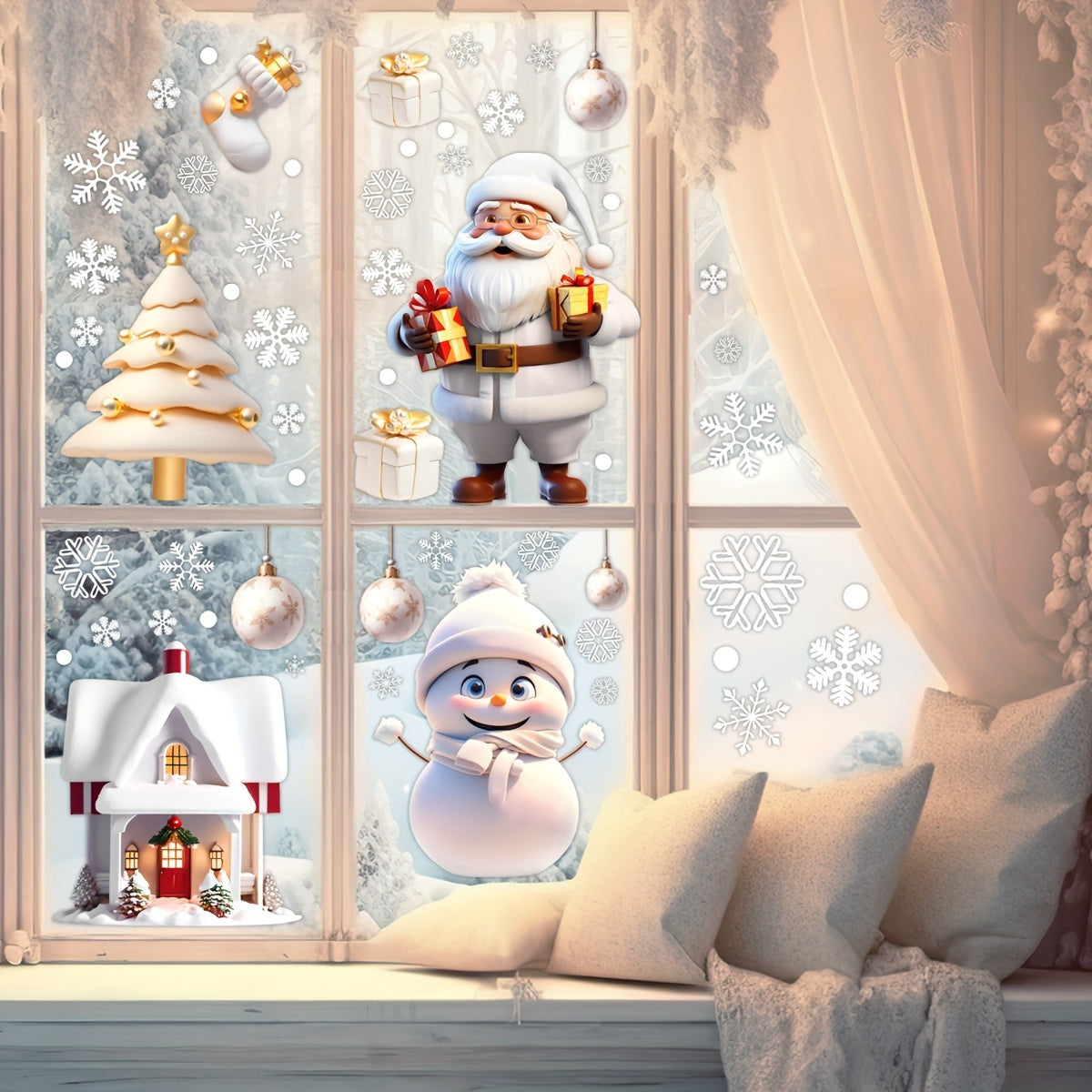 Set the scene for Christmas with this festive window cling set, featuring Santa, snowman, and holiday themes. Perfect for adding a touch of sparkle to your home or party celebrations. Get into the holiday spirit with these charming decorations.